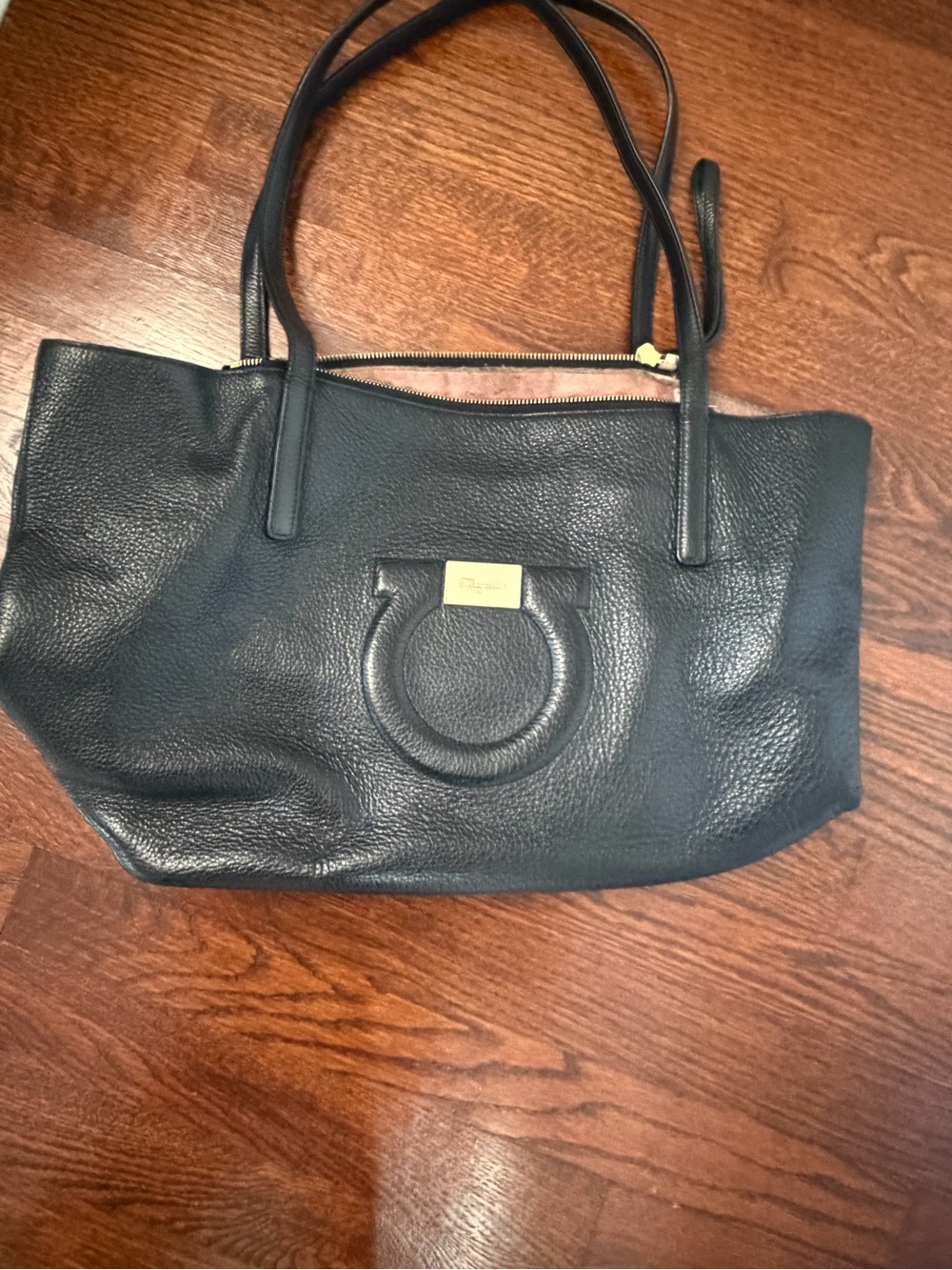 Salvatore Ferragamo Black Leather Tote Bag with Signature Ring Accent